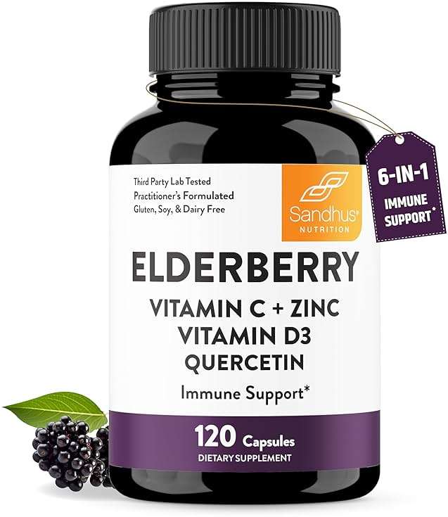 Elderberry Vitamin C and Zinc Capsules with D3 and Quercetin | 6-in-1 Immune Support Supplement Pills for Adults | 120 Count Sambucus Black Elderberry Natural Immunity Vitamins | Made in USA - Image 1