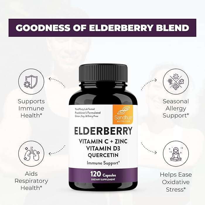 Elderberry Vitamin C and Zinc Capsules with D3 and Quercetin | 6-in-1 Immune Support Supplement Pills for Adults | 120 Count Sambucus Black Elderberry Natural Immunity Vitamins | Made in USA - Image 6