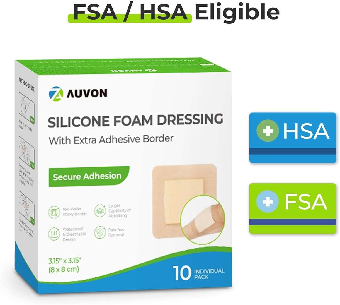 AUVON Silicone Foam Dressing with Large Adhesive Border, 3" x 3" 10 Packs Wound Dressing Bandage with High Absorbency, Waterproof Silicone Foam Pads for Wound Care & Protection Plus Cushioning - Image 7