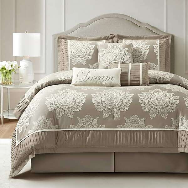LANCO MODERN LIFESTYLE Beige Queen Comforter Set 7 Pieces, Jacquard Woven with Damask, Bedding Set in a Bag Includes Comforter, Bed Skirt, Pillow Shams, and Decorative Pillows - Image 1