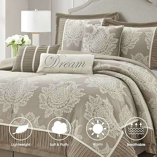 LANCO MODERN LIFESTYLE Beige Queen Comforter Set 7 Pieces, Jacquard Woven with Damask, Bedding Set in a Bag Includes Comforter, Bed Skirt, Pillow Shams, and Decorative Pillows - Image 2