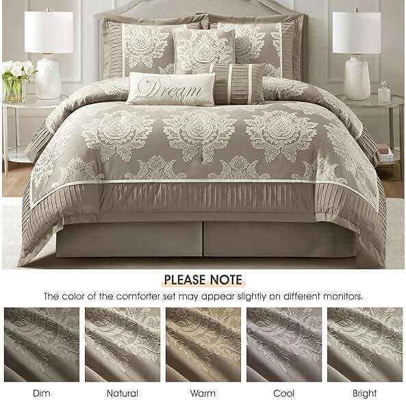 LANCO MODERN LIFESTYLE Beige Queen Comforter Set 7 Pieces, Jacquard Woven with Damask, Bedding Set in a Bag Includes Comforter, Bed Skirt, Pillow Shams, and Decorative Pillows - Image 3