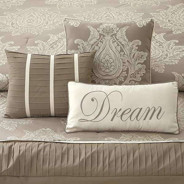 LANCO MODERN LIFESTYLE Beige Queen Comforter Set 7 Pieces, Jacquard Woven with Damask, Bedding Set in a Bag Includes Comforter, Bed Skirt, Pillow Shams, and Decorative Pillows - Image 4