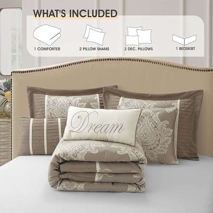 LANCO MODERN LIFESTYLE Beige Queen Comforter Set 7 Pieces, Jacquard Woven with Damask, Bedding Set in a Bag Includes Comforter, Bed Skirt, Pillow Shams, and Decorative Pillows - Image 5