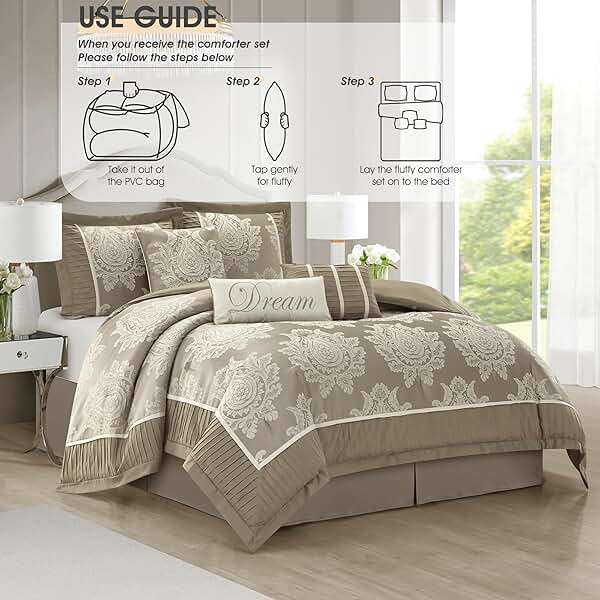 LANCO MODERN LIFESTYLE Beige Queen Comforter Set 7 Pieces, Jacquard Woven with Damask, Bedding Set in a Bag Includes Comforter, Bed Skirt, Pillow Shams, and Decorative Pillows - Image 7