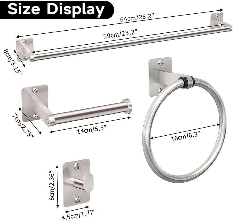 KLJKPA Brushed Nickel Bathroom Accessories Set, 10 Pieces Bathroom Hardware Set, 24 inch Towel Bar, Towel Racks for Bathroom, Robe Towel Hooks, Toilet Paper Holder Wall Mounted - Image 7
