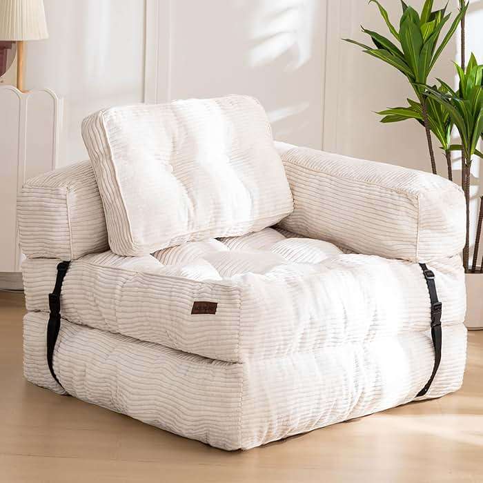 MAXYOYO Folding Sofa Bed, L-Shaped Convertible Sleeper Sofa with Armrest, Portable Fold Out Chair Bed Comfy Floor Lounger for Living Room Bedroom, Beige - Image 1