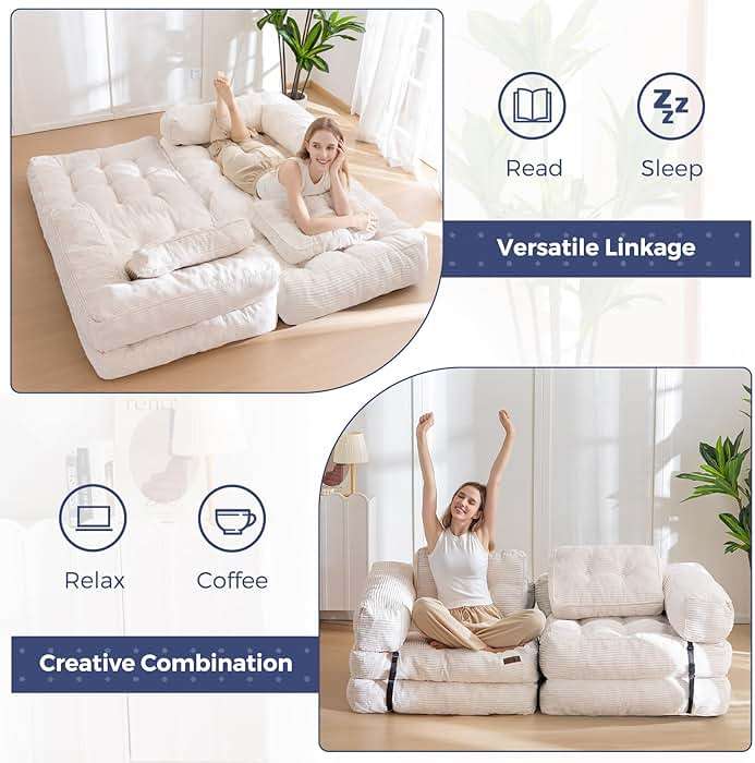 MAXYOYO Folding Sofa Bed, L-Shaped Convertible Sleeper Sofa with Armrest, Portable Fold Out Chair Bed Comfy Floor Lounger for Living Room Bedroom, Beige - Image 5