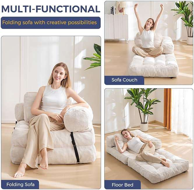MAXYOYO Folding Sofa Bed, L-Shaped Convertible Sleeper Sofa with Armrest, Portable Fold Out Chair Bed Comfy Floor Lounger for Living Room Bedroom, Beige - Image 7