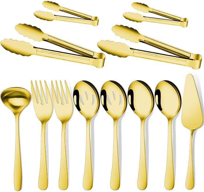 Gisly Gold 12 Pieces Serving Utensils Include Large Serving Spoons,Slotted Serving Spoons,Serving Forks,Serving Tongs,Appetizers Tongs,Soup Ladle and Pie Cake Server for Buffet Catering - Image 1