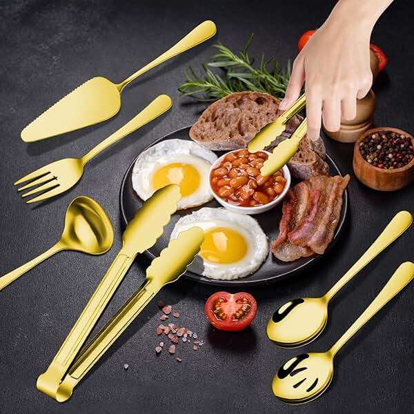Gisly Gold 12 Pieces Serving Utensils Include Large Serving Spoons,Slotted Serving Spoons,Serving Forks,Serving Tongs,Appetizers Tongs,Soup Ladle and Pie Cake Server for Buffet Catering - Image 2
