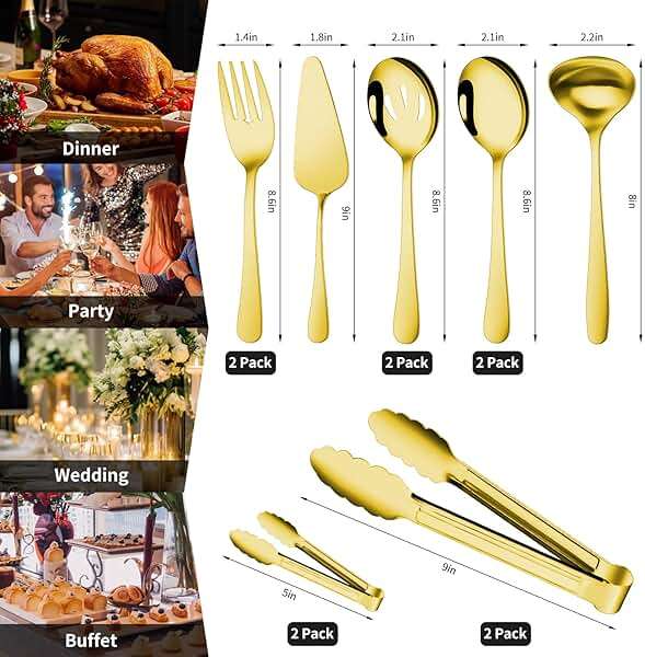 Gisly Gold 12 Pieces Serving Utensils Include Large Serving Spoons,Slotted Serving Spoons,Serving Forks,Serving Tongs,Appetizers Tongs,Soup Ladle and Pie Cake Server for Buffet Catering - Image 3