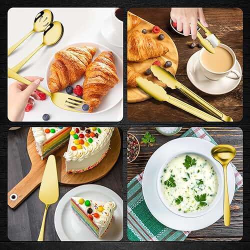 Gisly Gold 12 Pieces Serving Utensils Include Large Serving Spoons,Slotted Serving Spoons,Serving Forks,Serving Tongs,Appetizers Tongs,Soup Ladle and Pie Cake Server for Buffet Catering - Image 4