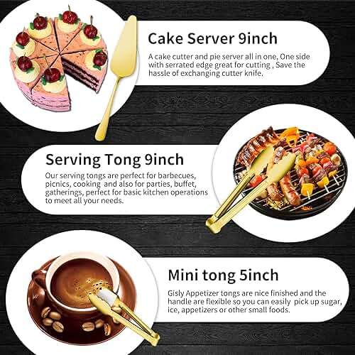 Gisly Gold 12 Pieces Serving Utensils Include Large Serving Spoons,Slotted Serving Spoons,Serving Forks,Serving Tongs,Appetizers Tongs,Soup Ladle and Pie Cake Server for Buffet Catering - Image 6