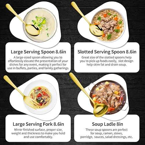 Gisly Gold 12 Pieces Serving Utensils Include Large Serving Spoons,Slotted Serving Spoons,Serving Forks,Serving Tongs,Appetizers Tongs,Soup Ladle and Pie Cake Server for Buffet Catering - Image 7