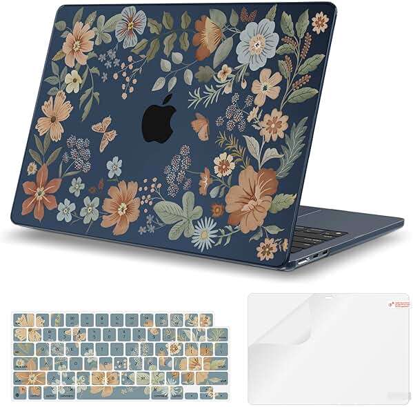 iCasso for MacBook Air 13 inch Case M5 2026 2025-2022 M4 M3 M2 Model A3449 A3240 A3113 A2681,[Ultra Thin Armor][100% Match Midnight], Air 13.6'' Flower Crystal Clear Hard Shell Cover, Midnight - Image 1