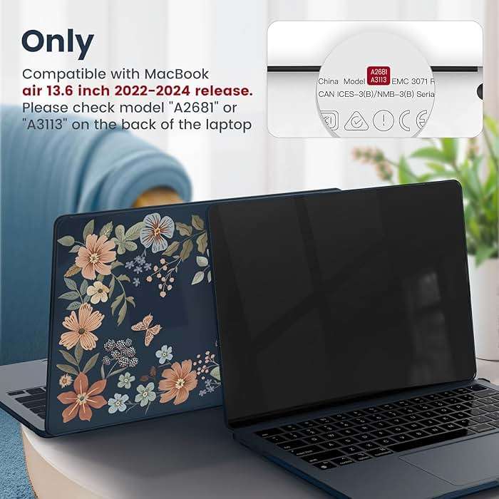 iCasso for MacBook Air 13 inch Case M5 2026 2025-2022 M4 M3 M2 Model A3449 A3240 A3113 A2681,[Ultra Thin Armor][100% Match Midnight], Air 13.6'' Flower Crystal Clear Hard Shell Cover, Midnight - Image 2