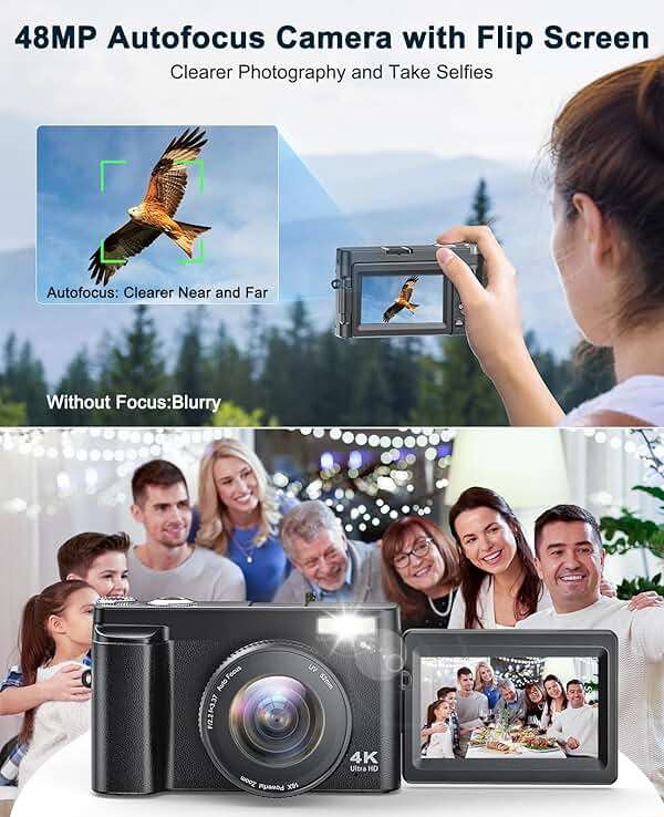 4K Digital Camera for Photography and Video, Autofocus Anti-Shake 48MP Vlogging Camera for YouTube, 3'' 180°Flip Screen Camera with Flash 16X Zoom, Digital Camera with 32GB Card Battery Charger Black - Image 3