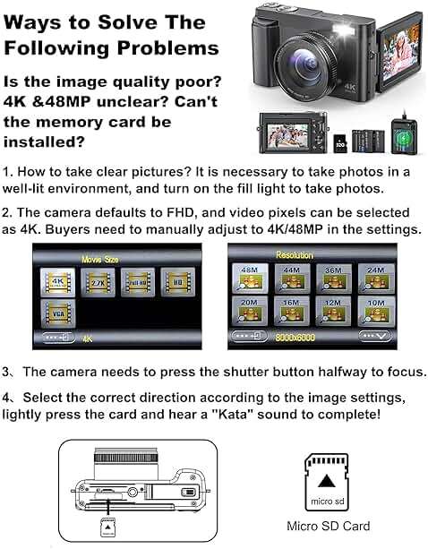 4K Digital Camera for Photography and Video, Autofocus Anti-Shake 48MP Vlogging Camera for YouTube, 3'' 180°Flip Screen Camera with Flash 16X Zoom, Digital Camera with 32GB Card Battery Charger Black - Image 8