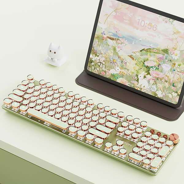 EWEADN V20 Typewriter Keyboard Wireless, 104 Keys Typewriter Style Mechanical with White Backlit, Media Knob, Pink Switch 2.4G/Bluetooth/USB-A Wired Retro Full Size Keyboard for Windows/Mac/PC-Green - Image 1
