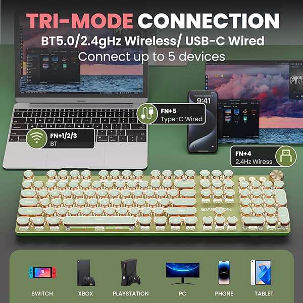 EWEADN V20 Typewriter Keyboard Wireless, 104 Keys Typewriter Style Mechanical with White Backlit, Media Knob, Pink Switch 2.4G/Bluetooth/USB-A Wired Retro Full Size Keyboard for Windows/Mac/PC-Green - Image 3