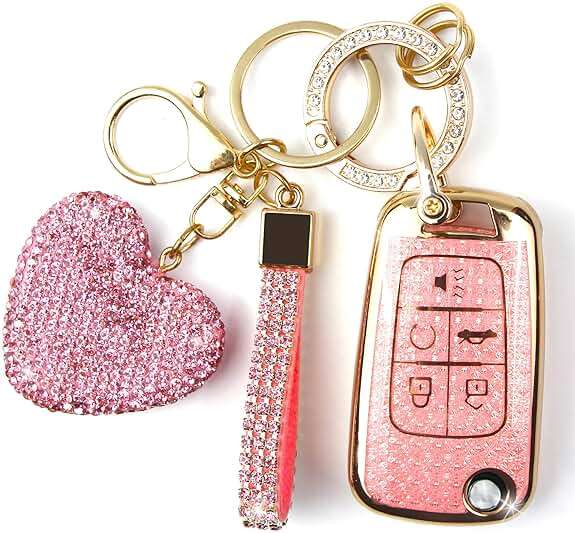 YIKECASE Key Fob Cover with Diamond Keychain for Women, Car Key Holder Compatible with Chevy Cruze Camaro Malibu Equinox Impala GMC Buick Encore Regal Flip Folding Protector, 5 Buttons (Pink-Heart) - Image 1