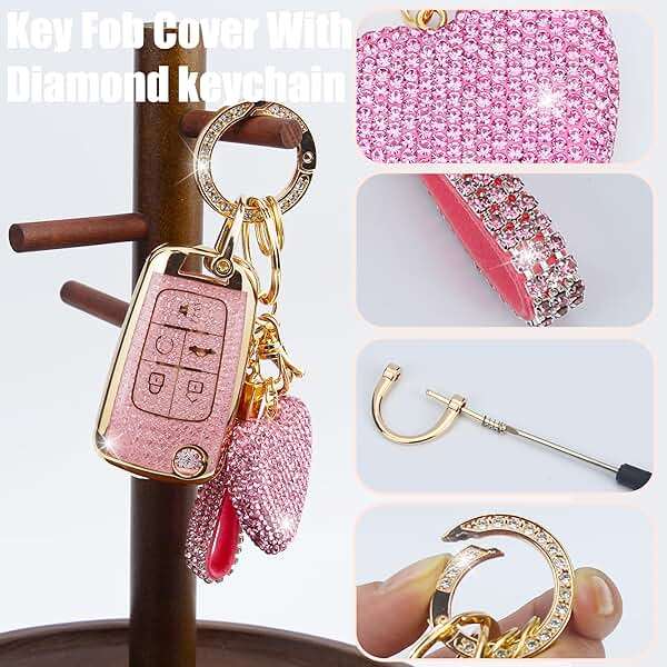 YIKECASE Key Fob Cover with Diamond Keychain for Women, Car Key Holder Compatible with Chevy Cruze Camaro Malibu Equinox Impala GMC Buick Encore Regal Flip Folding Protector, 5 Buttons (Pink-Heart) - Image 4