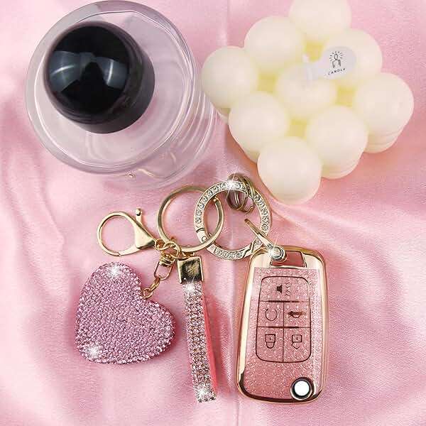 YIKECASE Key Fob Cover with Diamond Keychain for Women, Car Key Holder Compatible with Chevy Cruze Camaro Malibu Equinox Impala GMC Buick Encore Regal Flip Folding Protector, 5 Buttons (Pink-Heart) - Image 5