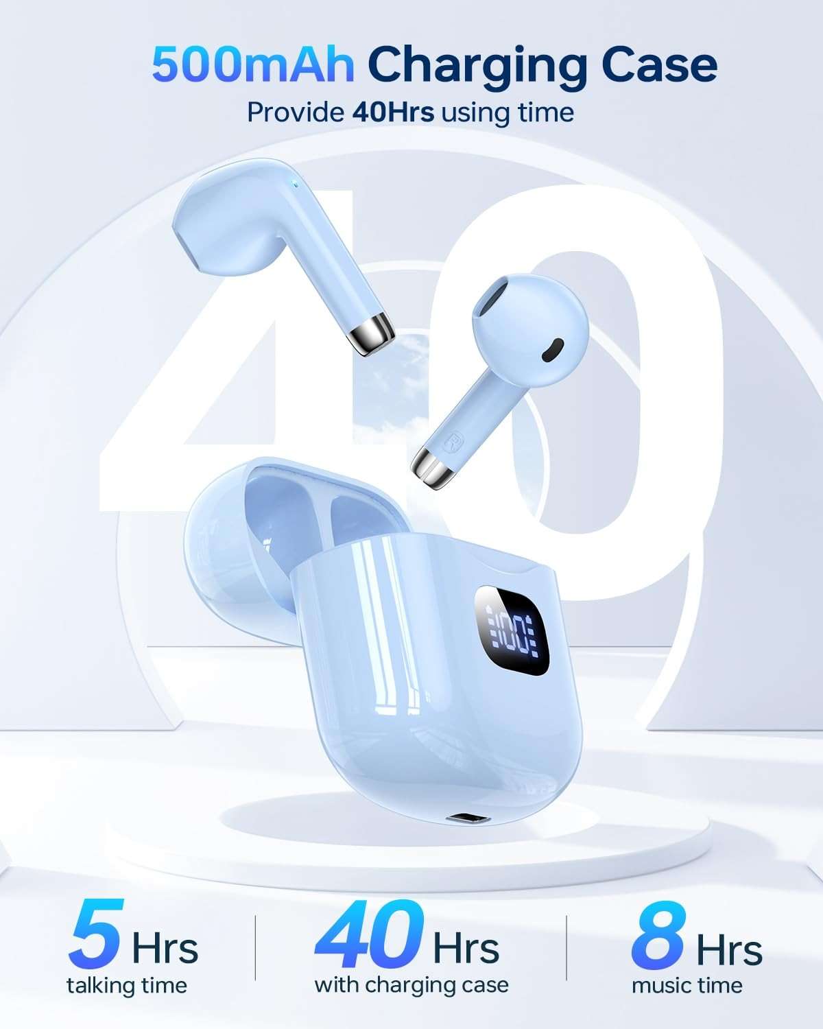 KTGEE Wireless Earbuds Bluetooth 5.3 Headphones, 40Hrs Playback Stereo Ear Buds with LED Display Charging Case IPX7 Waterproof in-Ear Earphones with Mic for Phone Tablet Laptop Sports, Blue - Image 5