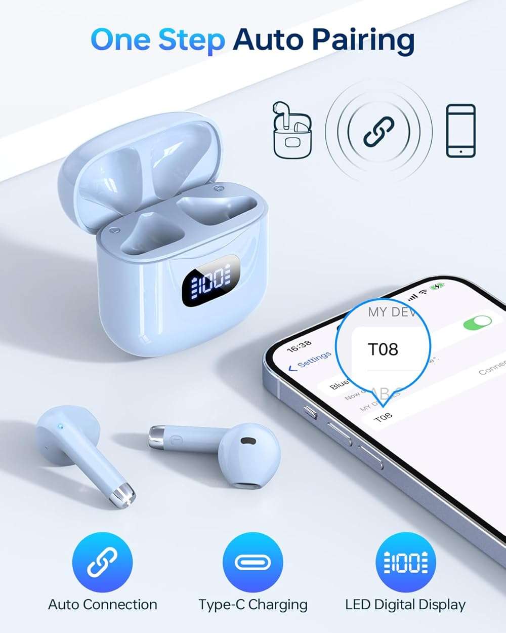 KTGEE Wireless Earbuds Bluetooth 5.3 Headphones, 40Hrs Playback Stereo Ear Buds with LED Display Charging Case IPX7 Waterproof in-Ear Earphones with Mic for Phone Tablet Laptop Sports, Blue - Image 6