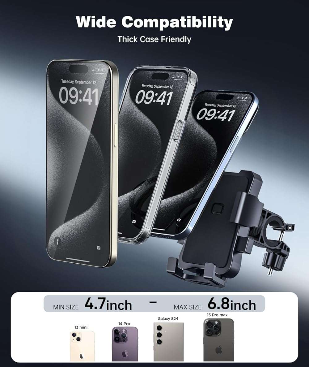 amzluv Bike Phone Holder Mount, Secure Handlebar Phone Mount Holder for Bike and Motorcycle, Suitable for iPhone and 4.5-6.8" Smartphones, Black - Image 4