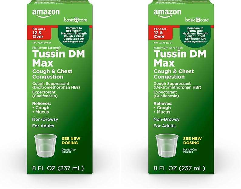 Amazon Basic Care Tussin DM MAX, Maximum Strength Cough and Chest Congestion Medicine, Non-Drowsy, Alcohol Free, Expectorant, Raspberry Menthol Flavor, 8 fl oz (Pack of 2) - Image 1