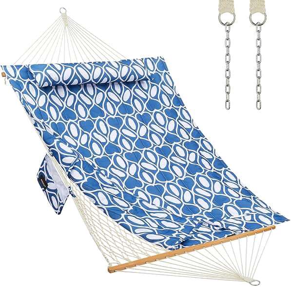 CHULIM Outdoor Double Hammock with Hardwood Spreader Bars, Large Rope Hammock with Polyester Pad and Pillow, 475 LBS Capacity for 2 Person Patio Backyard Poolside - Blue Printing - Image 1