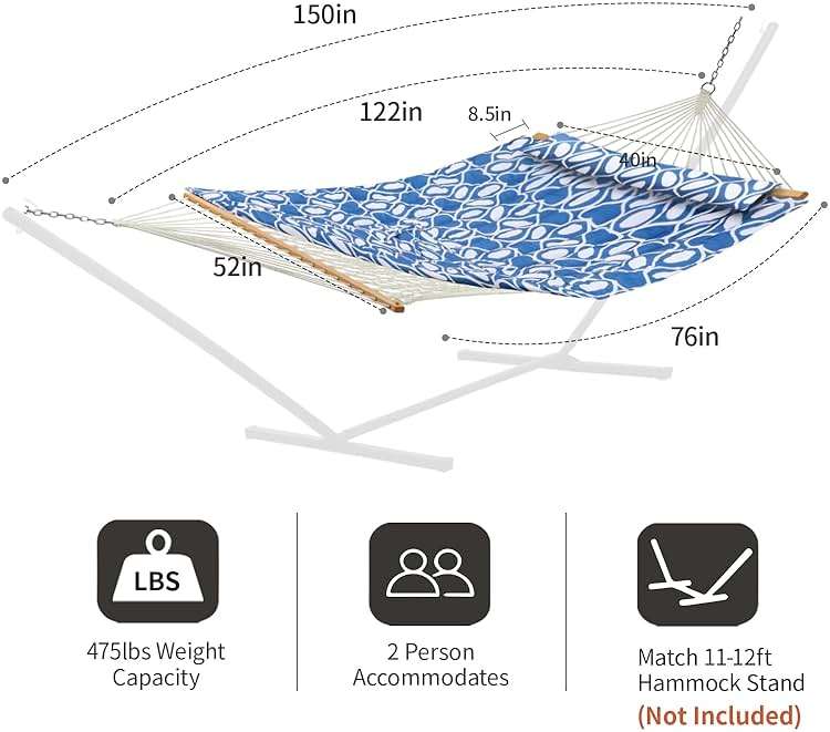 CHULIM Outdoor Double Hammock with Hardwood Spreader Bars, Large Rope Hammock with Polyester Pad and Pillow, 475 LBS Capacity for 2 Person Patio Backyard Poolside - Blue Printing - Image 2