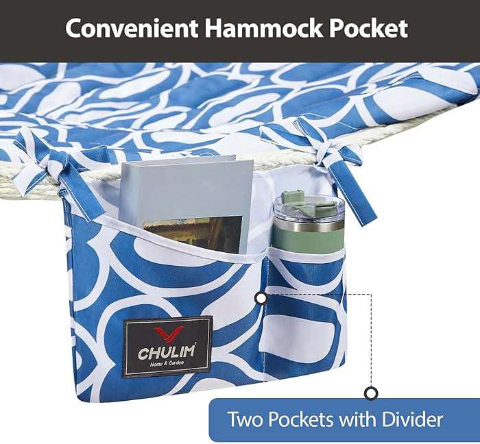 CHULIM Outdoor Double Hammock with Hardwood Spreader Bars, Large Rope Hammock with Polyester Pad and Pillow, 475 LBS Capacity for 2 Person Patio Backyard Poolside - Blue Printing - Image 4