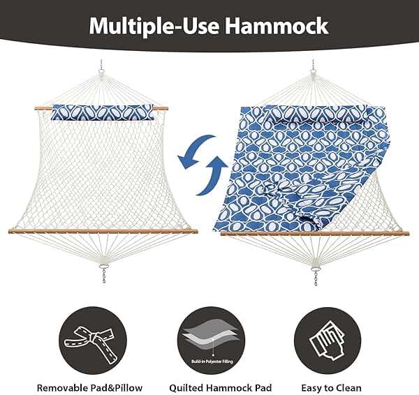 CHULIM Outdoor Double Hammock with Hardwood Spreader Bars, Large Rope Hammock with Polyester Pad and Pillow, 475 LBS Capacity for 2 Person Patio Backyard Poolside - Blue Printing - Image 5