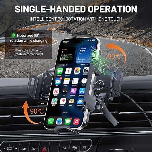 High Intelligent 2 in 1 Auto Rotating Car Charger Cell Phone/Pad Holder, One-Touch Rotatable Car Vent Mount for Smartphone/Pad/Foldable Phone (Black) - Image 2