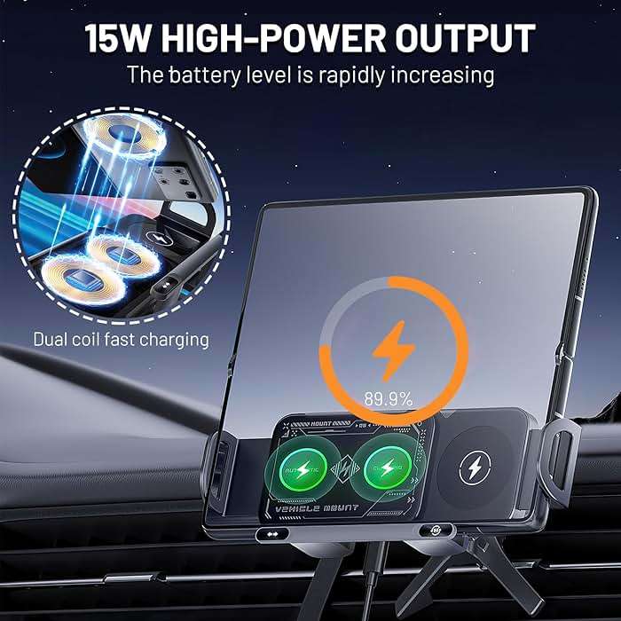 High Intelligent 2 in 1 Auto Rotating Car Charger Cell Phone/Pad Holder, One-Touch Rotatable Car Vent Mount for Smartphone/Pad/Foldable Phone (Black) - Image 3