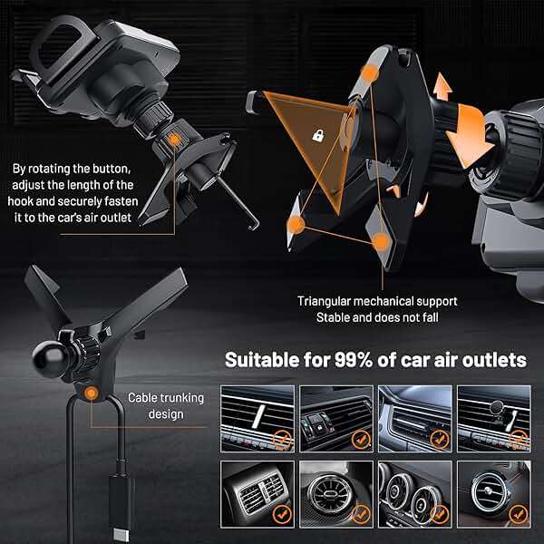 High Intelligent 2 in 1 Auto Rotating Car Charger Cell Phone/Pad Holder, One-Touch Rotatable Car Vent Mount for Smartphone/Pad/Foldable Phone (Black) - Image 5