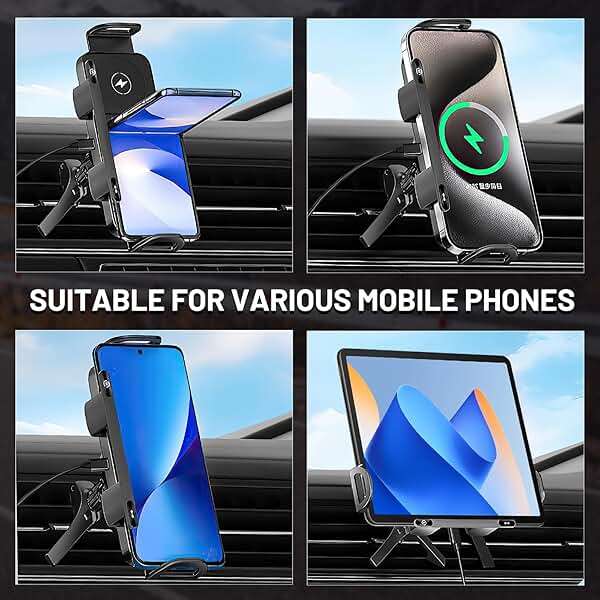 High Intelligent 2 in 1 Auto Rotating Car Charger Cell Phone/Pad Holder, One-Touch Rotatable Car Vent Mount for Smartphone/Pad/Foldable Phone (Black) - Image 6