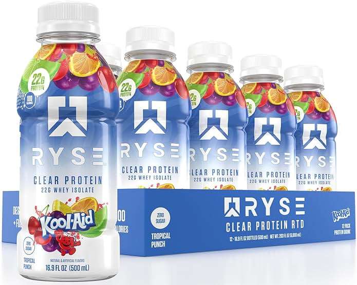 RYSE Clear Protein Drink - Kool-Aid Tropical Punch - 100 Calories, 22g Whey Isolate Protein Shake, Sugar-Free, 0g Fat & Lactose-Free - Refreshing Ready-to-Drink Beverage - 16.9 fl oz Bottles (12-Pack) - Image 1
