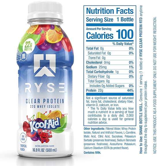 RYSE Clear Protein Drink - Kool-Aid Tropical Punch - 100 Calories, 22g Whey Isolate Protein Shake, Sugar-Free, 0g Fat & Lactose-Free - Refreshing Ready-to-Drink Beverage - 16.9 fl oz Bottles (12-Pack) - Image 2