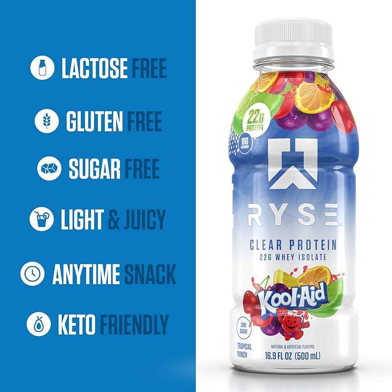 RYSE Clear Protein Drink - Kool-Aid Tropical Punch - 100 Calories, 22g Whey Isolate Protein Shake, Sugar-Free, 0g Fat & Lactose-Free - Refreshing Ready-to-Drink Beverage - 16.9 fl oz Bottles (12-Pack) - Image 4