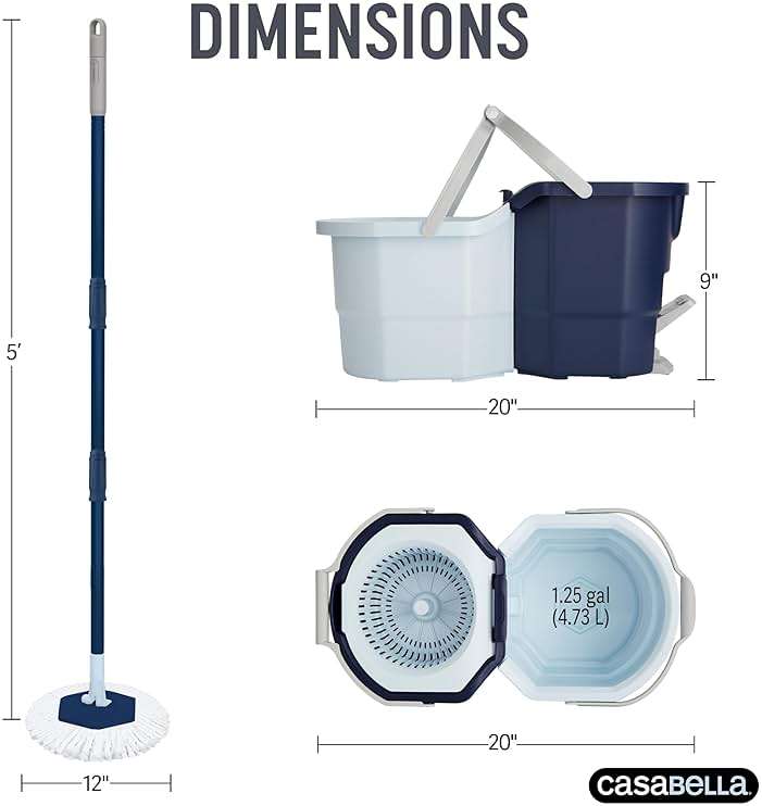 Casabella Spin Mop System with Extra Mop Head Refill - Two-Bucket Design with Splash Guard Built-in Measuring Cup and Scraper Tool with Easy Wring Pedal Spinner, 1.25-Gallon, Blue - Image 2