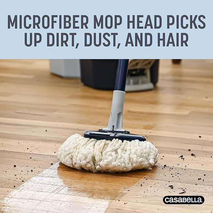 Casabella Spin Mop System with Extra Mop Head Refill - Two-Bucket Design with Splash Guard Built-in Measuring Cup and Scraper Tool with Easy Wring Pedal Spinner, 1.25-Gallon, Blue - Image 5