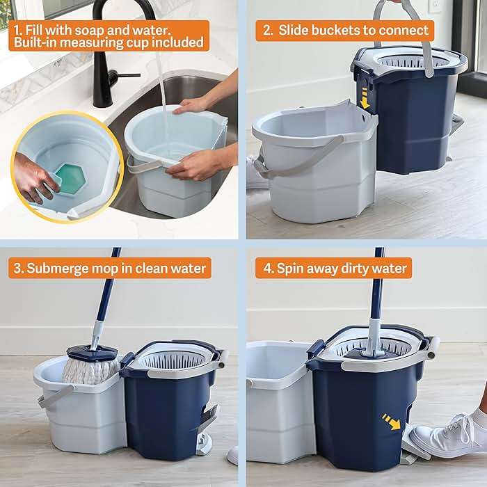 Casabella Spin Mop System with Extra Mop Head Refill - Two-Bucket Design with Splash Guard Built-in Measuring Cup and Scraper Tool with Easy Wring Pedal Spinner, 1.25-Gallon, Blue - Image 6
