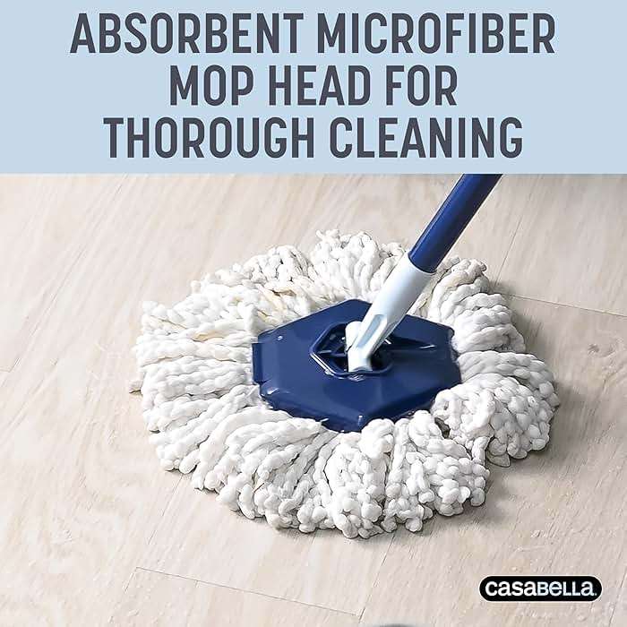 Casabella Spin Mop System with Extra Mop Head Refill - Two-Bucket Design with Splash Guard Built-in Measuring Cup and Scraper Tool with Easy Wring Pedal Spinner, 1.25-Gallon, Blue - Image 8