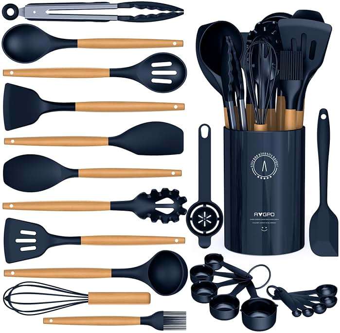 Silicone Cooking Utensils Set - AVGPD Silicone Kitchen Utensils for Cooking Wooden Handles, 446°F Heat Resistant Kitchen Utensil Spatula Sets, Gadgets for Non-Stick Cookware BPA FREE (Navy Blue) - Image 1