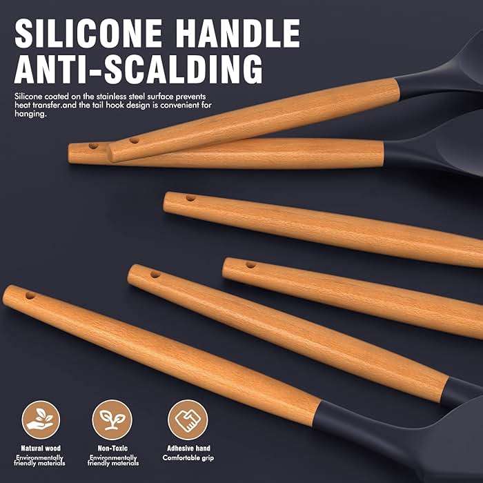 Silicone Cooking Utensils Set - AVGPD Silicone Kitchen Utensils for Cooking Wooden Handles, 446°F Heat Resistant Kitchen Utensil Spatula Sets, Gadgets for Non-Stick Cookware BPA FREE (Navy Blue) - Image 2