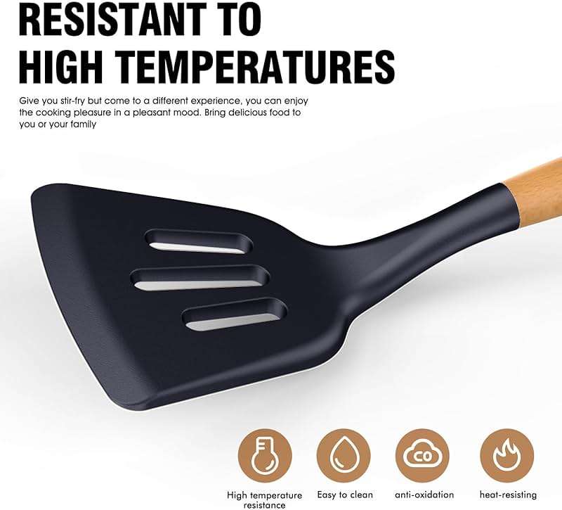 Silicone Cooking Utensils Set - AVGPD Silicone Kitchen Utensils for Cooking Wooden Handles, 446°F Heat Resistant Kitchen Utensil Spatula Sets, Gadgets for Non-Stick Cookware BPA FREE (Navy Blue) - Image 3